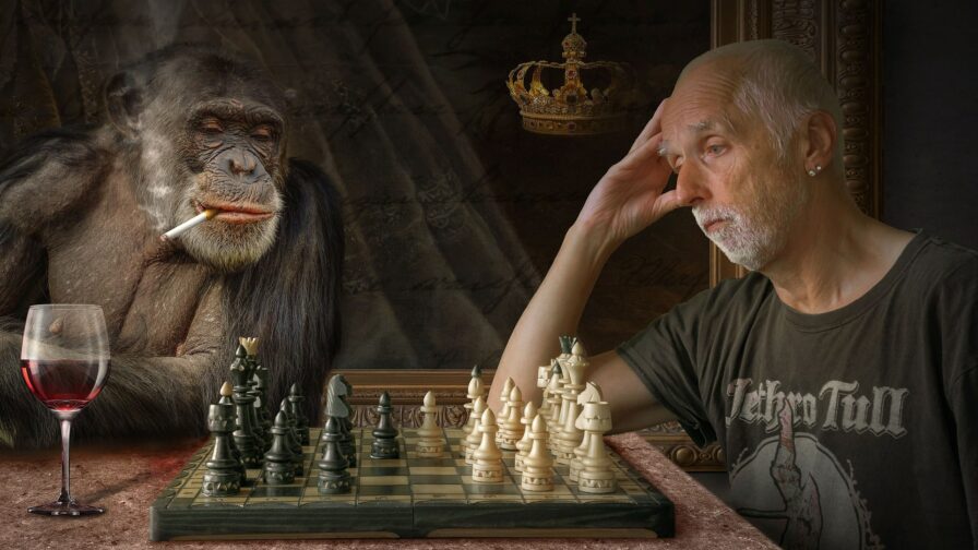 Affe spielt Schach mit Mann